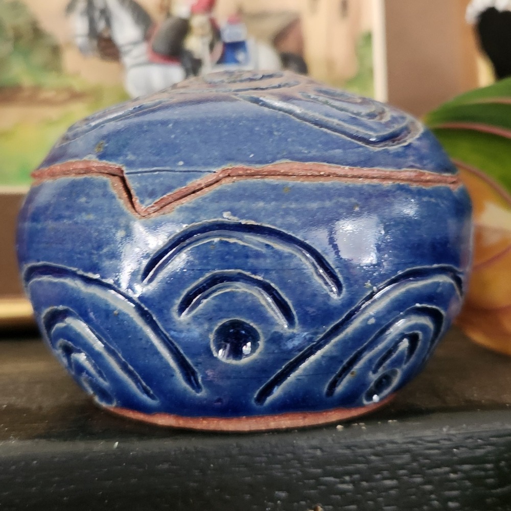 Handmade Blue Glazed Pottery Trinket‎ bowl with Lid